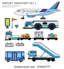 Thin line flat design of airport transport. Types of transport working on the airfield. Aircraft, luggage car, ladder and passengers' bus isolated on white background