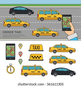 Thin line flat design of app for booking taxi. Banner with hand hold mobile app for booking taxi on road background. Flat illustrations for website and brochures. 