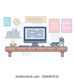 Thin line flat design banner workspace - vector logo/icon illustration