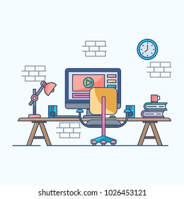 Thin line flat design banner workspace - vector logo/icon illustration