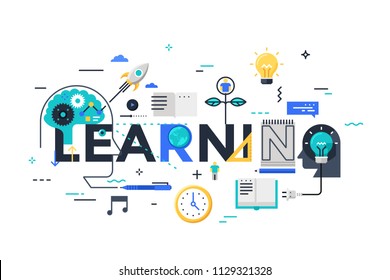 Thin line flat design banner for learning web page, exchange and development of ideas and knowledge. Modern vector illustration concept for website and mobile banners.