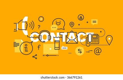 Thin line flat design banner of contact information, communication and support.  Vector illustration concept of word contact for website and mobile website banners, easy to edit, customize and resize.