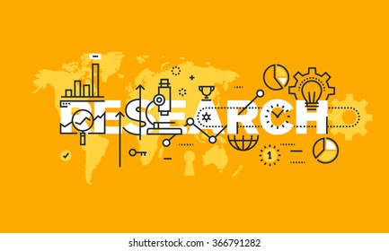 Thin line flat design banner of business, marketing, science, medical and technology research.  Vector illustration concept of word research for website and mobile website banners, easy editable.