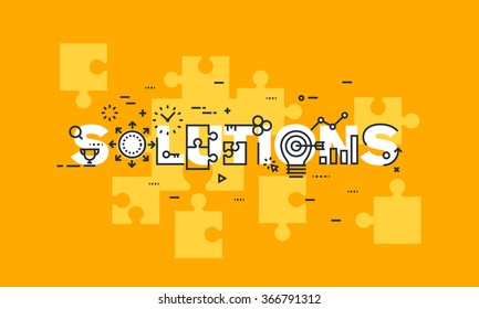 Thin line flat design banner of business solutions.  Modern vector illustration concept of word solutions for website and mobile website banners, easy to edit, customize and resize.