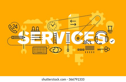 Thin line flat design banner of business services, solutions and support.  Modern vector illustration concept of word services for web and mobile website banners, easy to edit, customize and resize.