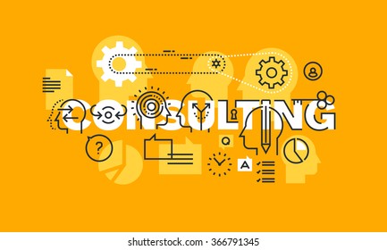 Thin line flat design banner of management, security, education, law, human resources, marketing, finance, engineering, science, strategy consulting solutions.  Modern vector illustration concept.