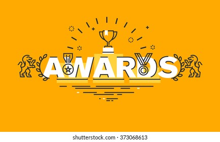 Thin line flat design banner for awards web page, information about awards for the quality of products and services, humanitarian work, success in business. Vector illustration concept.