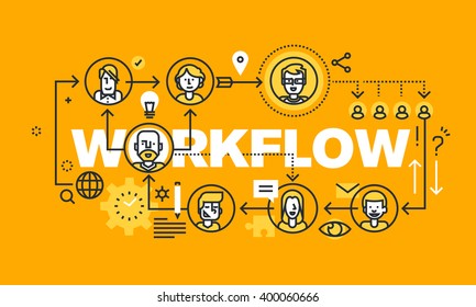 Thin line flat design banner for WORKFLOW web page, business process, project management, teamwork, organization. Vector illustration concept of word WORKFLOW for website and mobile website banners.