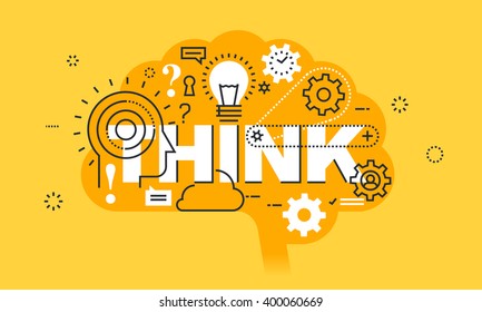 Thin line flat design banner for THINK web page, learning, knowledge, innovation, creativity, solutions. Modern vector illustration concept of word THINK for website and mobile website banners.