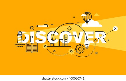 Thin line flat design banner for DISCOVER web page, new solutions, technology, knowledge and science. Modern vector illustration concept of word DISCOVER for website and mobile website banners.