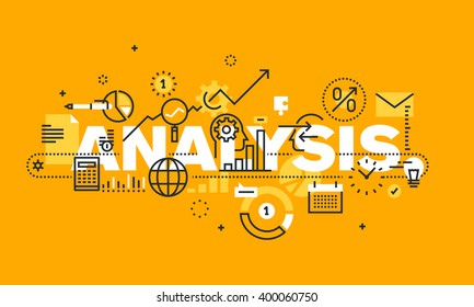 Thin line flat design banner for ANALYSIS web page, financial analysis, accounting, products and services development, business control. Vector illustration concept of word ANALYSIS for web banners.