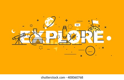 Thin line flat design banner for EXPLORE web page, natural and technical sciences, new technologies,. medical and space research Vector illustration concept for website and mobile website banners.