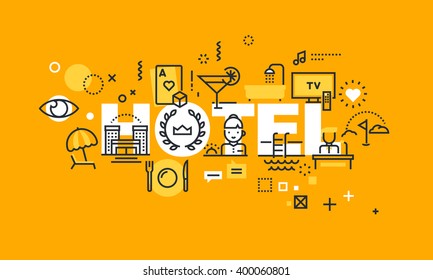 Thin line flat design banner for HOTEL web page, information about hotel facilities, services and accommodation. Modern vector illustration concept of word HOTEL for website and mobile website banners