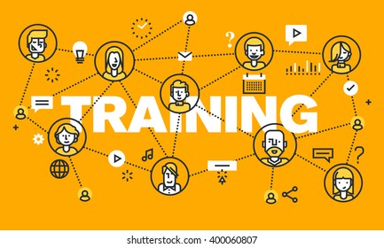 Thin line flat design banner for TRAINING web page, online education, courses, networking, video tutorials, staff training. Vector illustration concept of word TRAINING for website banners.