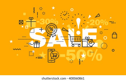 Thin line flat design banner for SALE web page, shopping, e-commerce, discounts and clearance sale. Modern vector illustration concept of word SALE for website and mobile website banners.