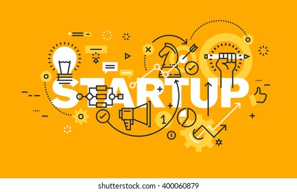 Thin line flat design banner for STARTUP web page, finance, investment, banking, startup loans, new business. Modern vector illustration concept of word STARTUP for website and mobile website banners.