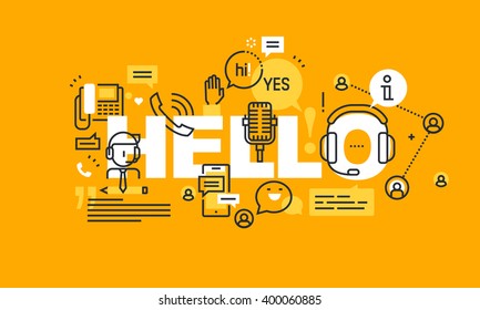 Dunne lijn plat ontwerp banner voor HELLO webpagina, call center, technische ondersteuning, klantenservice. Modern vector illustratie concept van woord HELLO voor website en mobiele website banners.