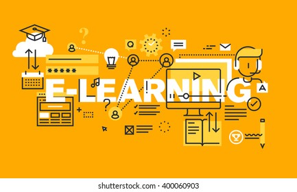 Thin line flat design banner for E-LEARNING web page, distance education, online training and courses. Modern vector illustration concept of word E-LEARNING for website and mobile website banners.