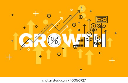 Thin line flat design banner for GROWTH web page, finance, investment, banking, production growth, the company's profits. Vector illustration concept of word GROWTH for website banners.