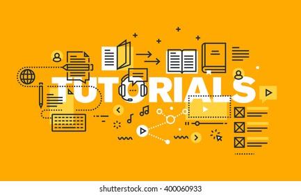 Thin line flat design banner for TUTORIALS web page, online platform with tutorials to acquire knowledge from different fields. Vector illustration concept of word TUTORIALS for website banners.