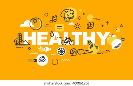 Thin line flat design banner for HEALTHY web page, organic food, sport and activities, diet, relationship, health plan management. Vector illustration concept for website and mobile website banners.