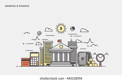 Thin line flat design banner of Banking and Finance for website and mobile website, easy to use and highly customizable. Modern vector illustration concept, isolated on white background.