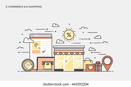 Thin line flat design banner of E-Commerce and E-Shopping for website and mobile website, easy to use and highly customizable. Modern vector illustration concept, isolated on white background.