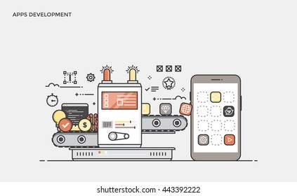 Thin line flat design banner of Apps Development for website and mobile website, easy to use and highly customizable. Modern vector illustration concept, isolated on white background.