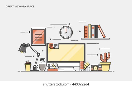 Thin Line Flat Design Banner Of Creative Workspace For Website And Mobile Website, Easy To Use And Highly Customizable. Modern Vector Illustration Concept, Isolated On White Background.