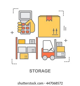 Thin line flat design banner for warehouse stock and industrial storage. Modern vector illustration concept, isolated on white.