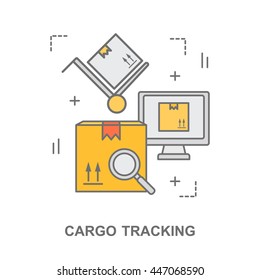 Thin line flat design banner for cargo tracking, warehouse stock and industrial storage. Modern vector illustration concept, isolated on white.