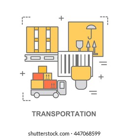 Thin line flat design banner for transportation, warehouse stock and industrial storage. Modern vector illustration concept, isolated on white.