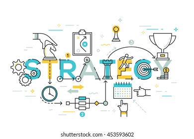 Thin line flat design banner for business and marketing. Modern vector illustration concept of word strategy for website and mobile application template, easy to edit, customize and resize.