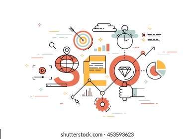 Thin line flat design banner of search engine optimization. Modern vector illustration concept of word SEO for website and mobile application templates, easy to edit, customize and resize.