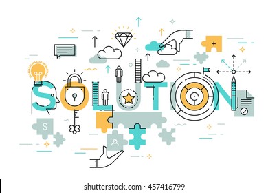 Thin line flat design banner of business solutions. Modern vector illustration concept of word solution for website and mobile application templates, easy to edit, customize and resize.