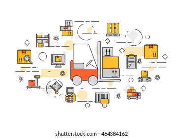 Thin line flat design banner for storage and delivery. Webdesign and Email marketing. Modern vector illustration concept, isolated on white background