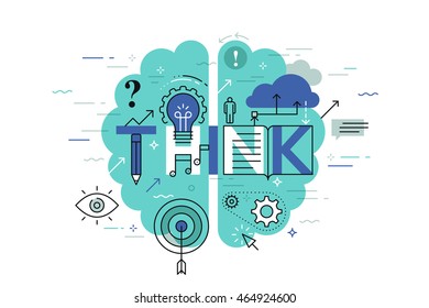 Thin line flat design banner for think web page, learning, knowledge, innovation, creativity, solutions. Template for website and mobile application, easy to use and highly customizable.