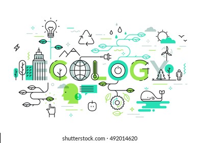 Thin line flat design banner for eco-friendly and environment web page. Modern vector illustration concept of word ecology for website and mobile application templates.