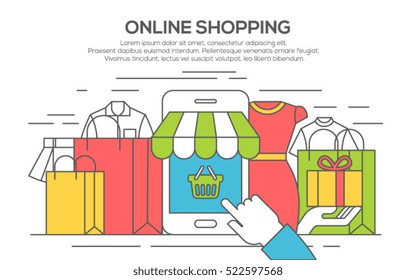 thin line flat design banner for shopping, e-commerce, online shopping