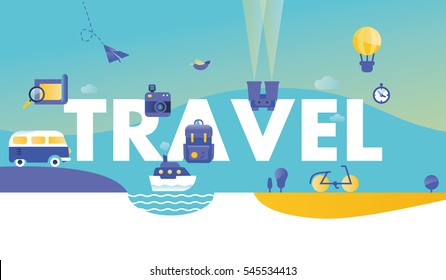 Thin Line Flat Design Banner for TRAVEL Web Page, Holiday Trip Planning, Travel Destination, Tour Organization. Modern Vector Illustration Concept of Word TRAVEL for Website and Mobile Website Banners