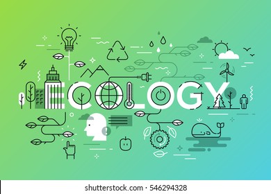 Thin line flat design banner for ecology and environment web page. Modern vector illustration concept of word ecology for website and mobile website banners.