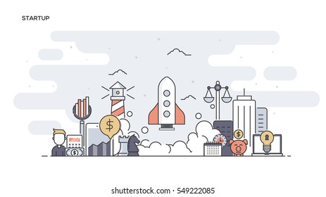 Thin line flat design banner of Startup for website and mobile website, easy to use and highly customizable. Modern vector illustration concept, isolated on white background.