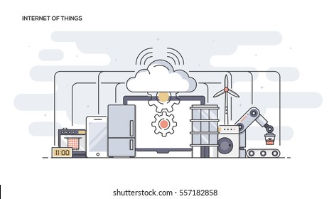 Thin line flat design banner of Internet of Things for website and mobile website, easy to use and highly customizable. Modern vector illustration concept, isolated on white background.