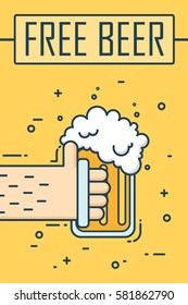Thin line flat design banner. Hand holding a glass of beer. Vector background.