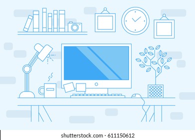 Thin line flat design banner of creative workspace for website and mobile website. Modern vector illustration concept. Home office. Designers, developers job. Light blue
