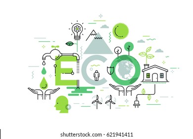 Thin line flat design banner for eco-friendly and environment web page. Modern vector illustration concept of word ecology for website and mobile application templates.