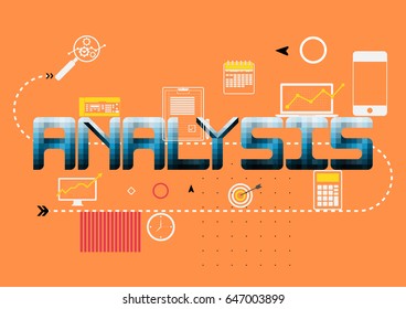Thin line flat design banner for ANALYSIS web page. Vector illustration concept for business analysis, marketing, accounting, products and services development, business control. 