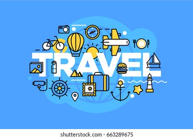 Banner de diseño plano de línea fina para la página web de TRAVEL, planeamiento de viajes de vacaciones, destino de viajes, organización de viajes. Concepto moderno de ilustración vectorial de palabra TRAVEL para banners de sitios web y sitios web móviles