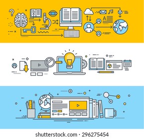 Thin Line Flat Design Banners For Video Tutorials, Online Training Courses, Online Universities, Online Education. Vector Illustrations For Website Banners, Promotional Materials, Education App.    