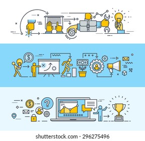 Thin Line Flat Design Banners For Teamwork, Business And Marketing Plan Process, Consulting, Project Management, Client Communication. Vector Illustrations For Web Banners And Promotional Materials.